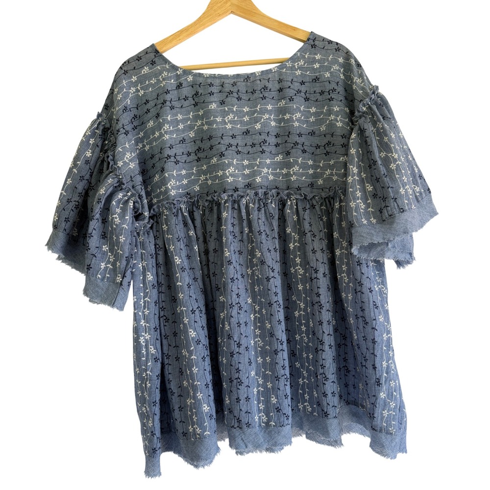 Davi & Dani Blue Floral Embroidered Babydoll Tunic Top Flutter Sleeve DT02822MOD